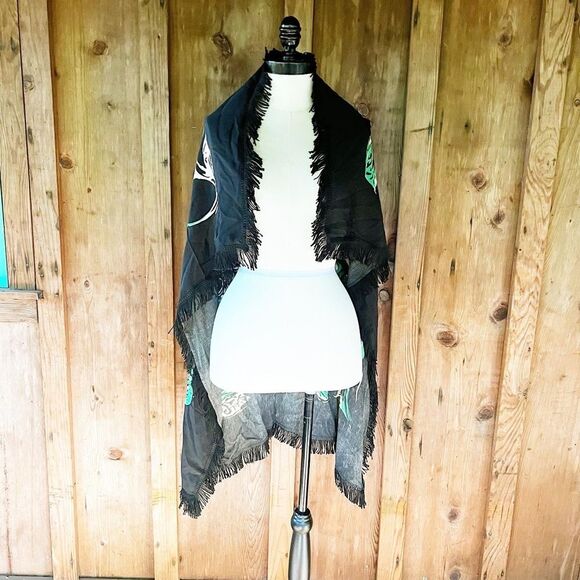 OVERSIZED TASSELED & FRINGED 40’s 40s Black Rayon Crepe Floral Piano Shawl Wrap - Picture 10 of 10